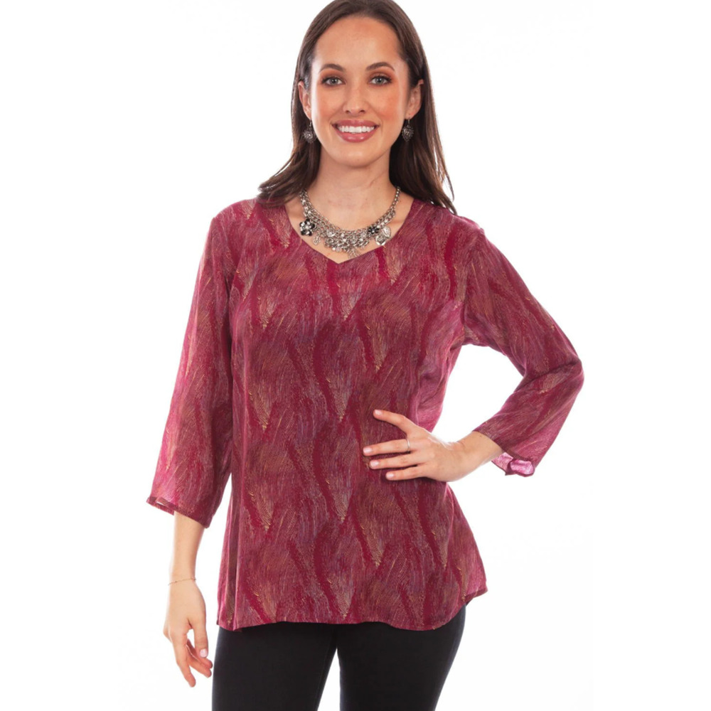 Scully Burgundy Artsy Tunic Top Women's Size S Long Sleeve Forest Fairy Western